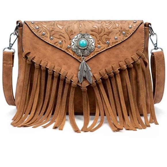 Cowgirl Trendy Handbags - NEW Western Fringed Brown with Turquoise Crossbody Bag